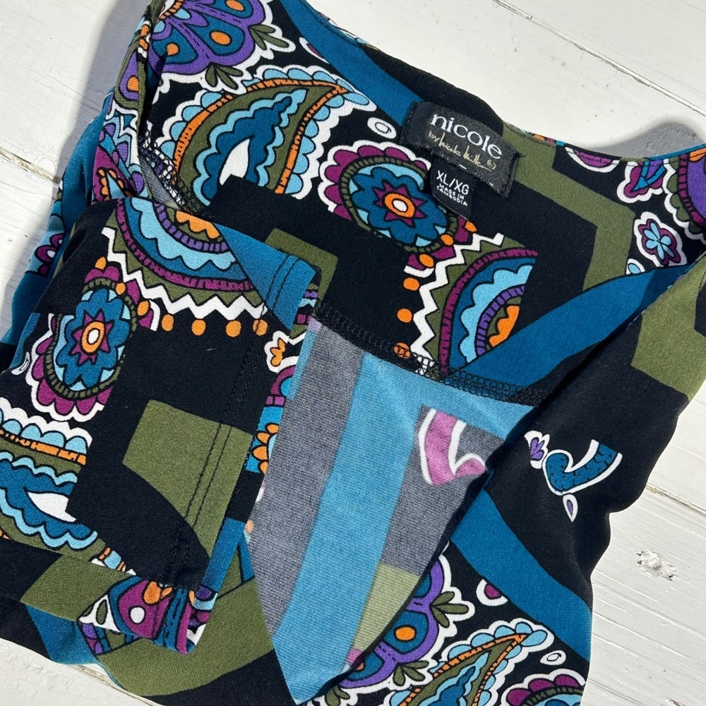 Nicole by Nicole Miller XL Faux Wrap Dress Paisley Geometric Teal Olive Green